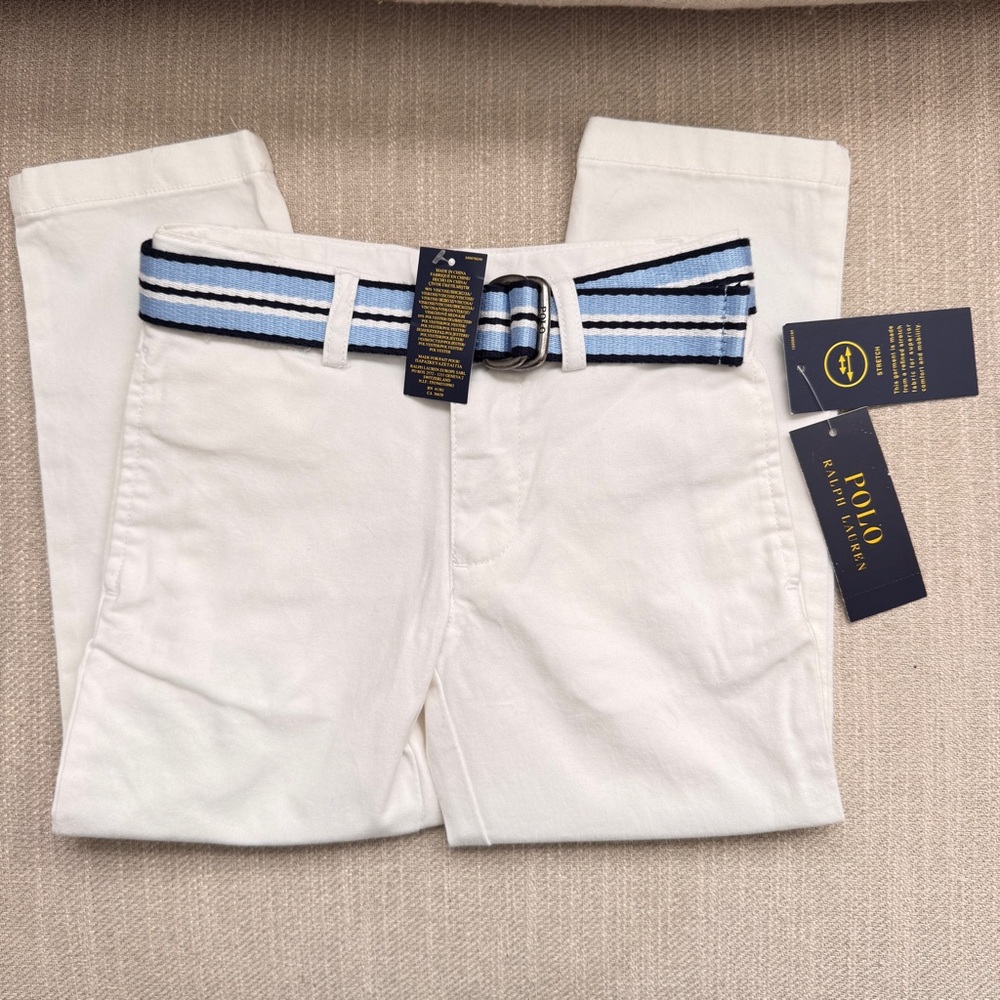 NWT Polo Ralph Lauren Boys 3T White Pants with Blue/White Striped Belt